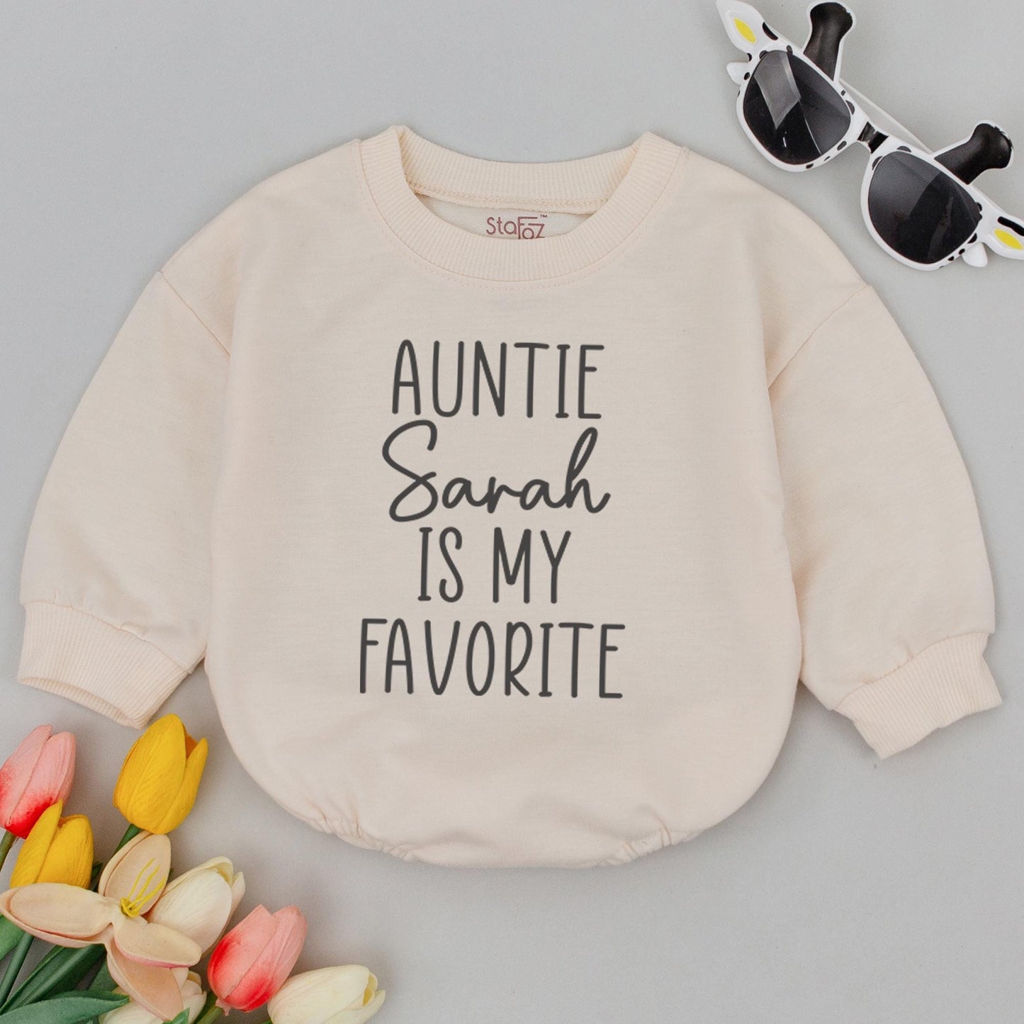 Auntie Is My Favorite Baby Romper Dark Grey Print Simple Modern Design Gift for New Aunt Pregnancy Reveal Baby Bodysuit