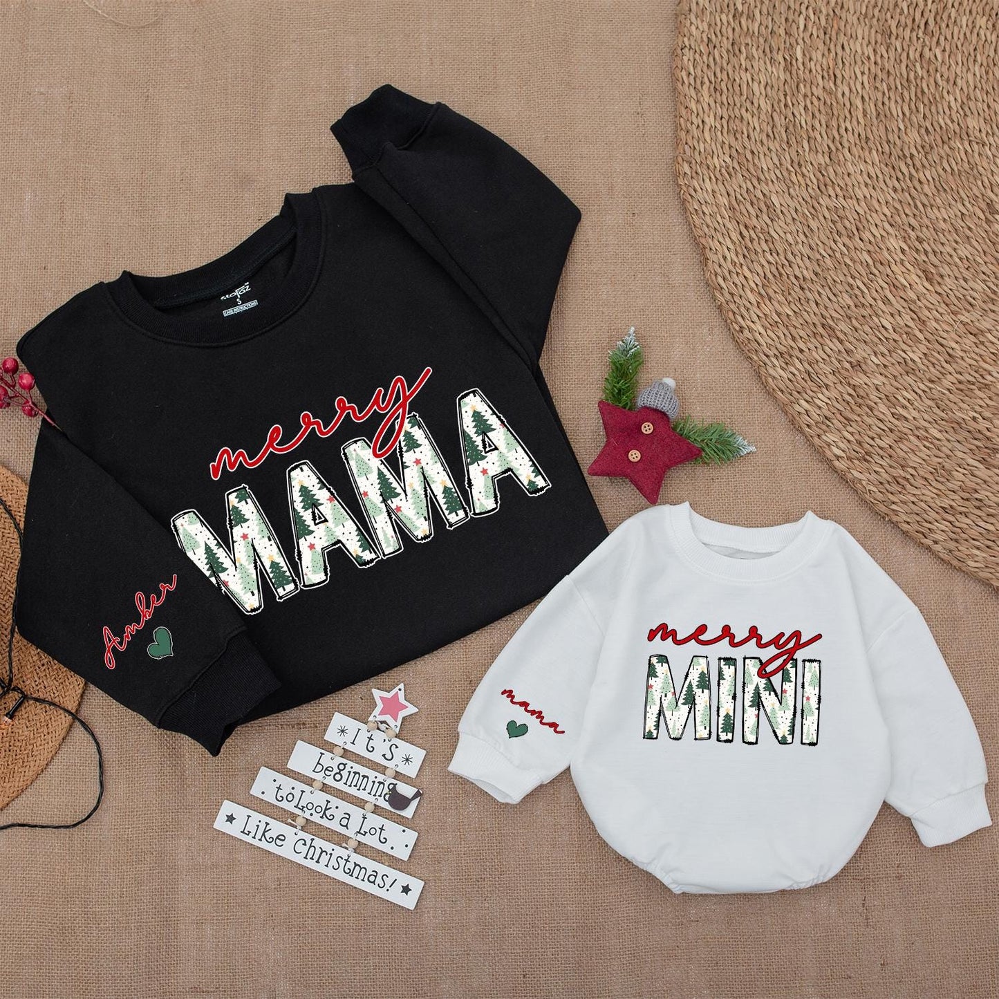 Merry Mama & Mini Matching Christmas Sweatshirts, Cute Family Holiday Outfits, Red Script Name, Green Tree Pattern, Baby Girl Romper Gift, Trendy Xmas (138)