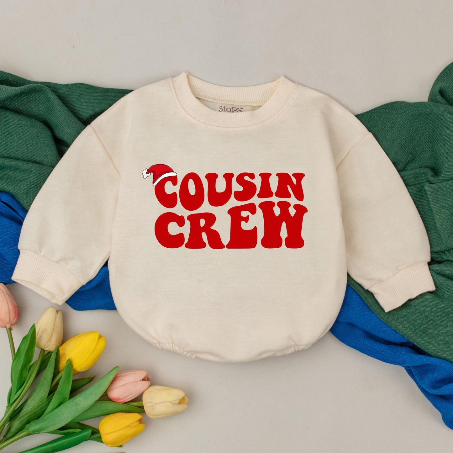 Retro Cousin Crew Christmas Romper Red Design with Santa Hat, Adorable Baby Holiday Bubble Outfit Newborn Shower Gift