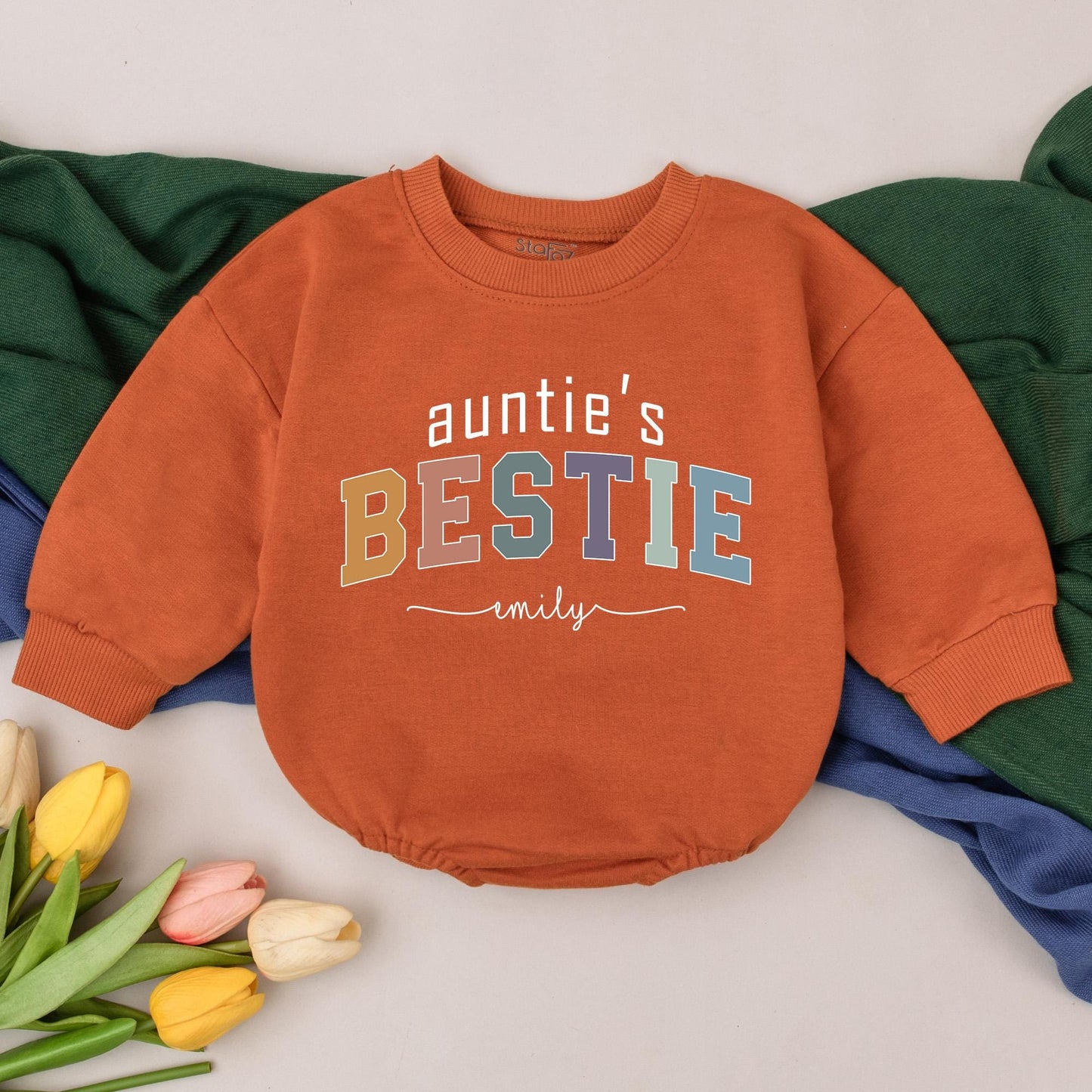 Personalized Auntie's Bestie Romper for Baby Girls Boys Newborn Outfit Baby Shower Gift New Auntie Niece Nephew Multicolored Block Cursive Name