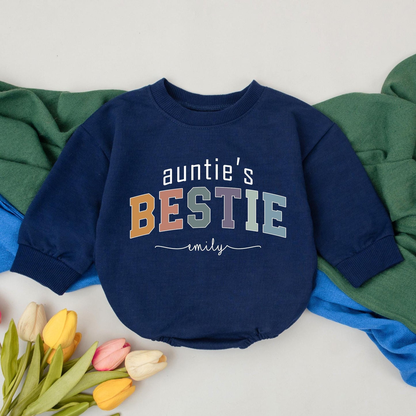 Personalized Auntie's Bestie Romper for Baby Girls Boys Newborn Outfit Baby Shower Gift New Auntie Niece Nephew Multicolored Block Cursive Name