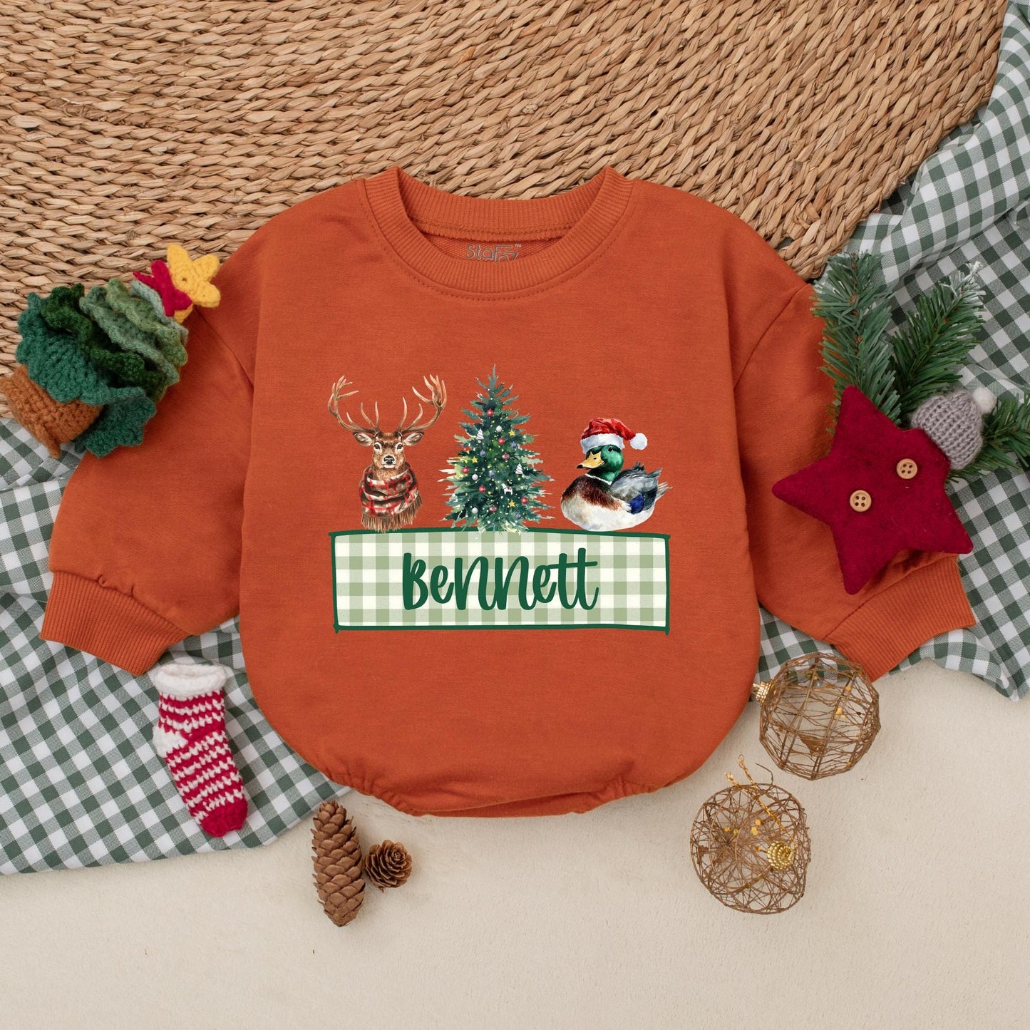 Personalized Christmas Mallard Duck Baby Boy Romper Rustic Winter Outfit with Deer Christmas Tree Festive Holiday Bodysuit Green Gingham
