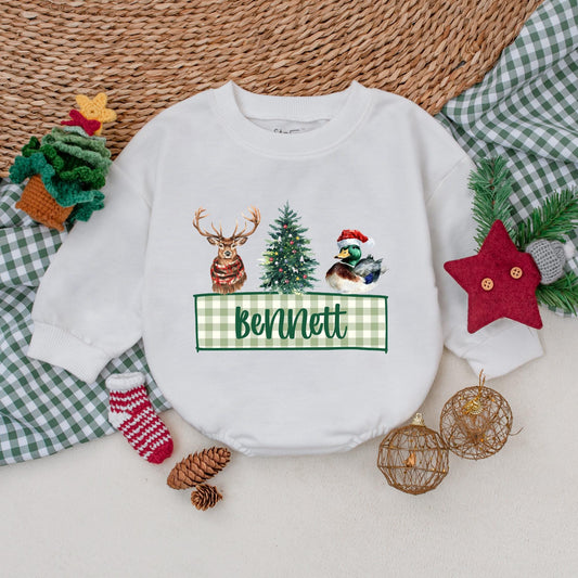 Personalized Christmas Mallard Duck Baby Boy Romper Rustic Winter Outfit with Deer Christmas Tree Festive Holiday Bodysuit Green Gingham