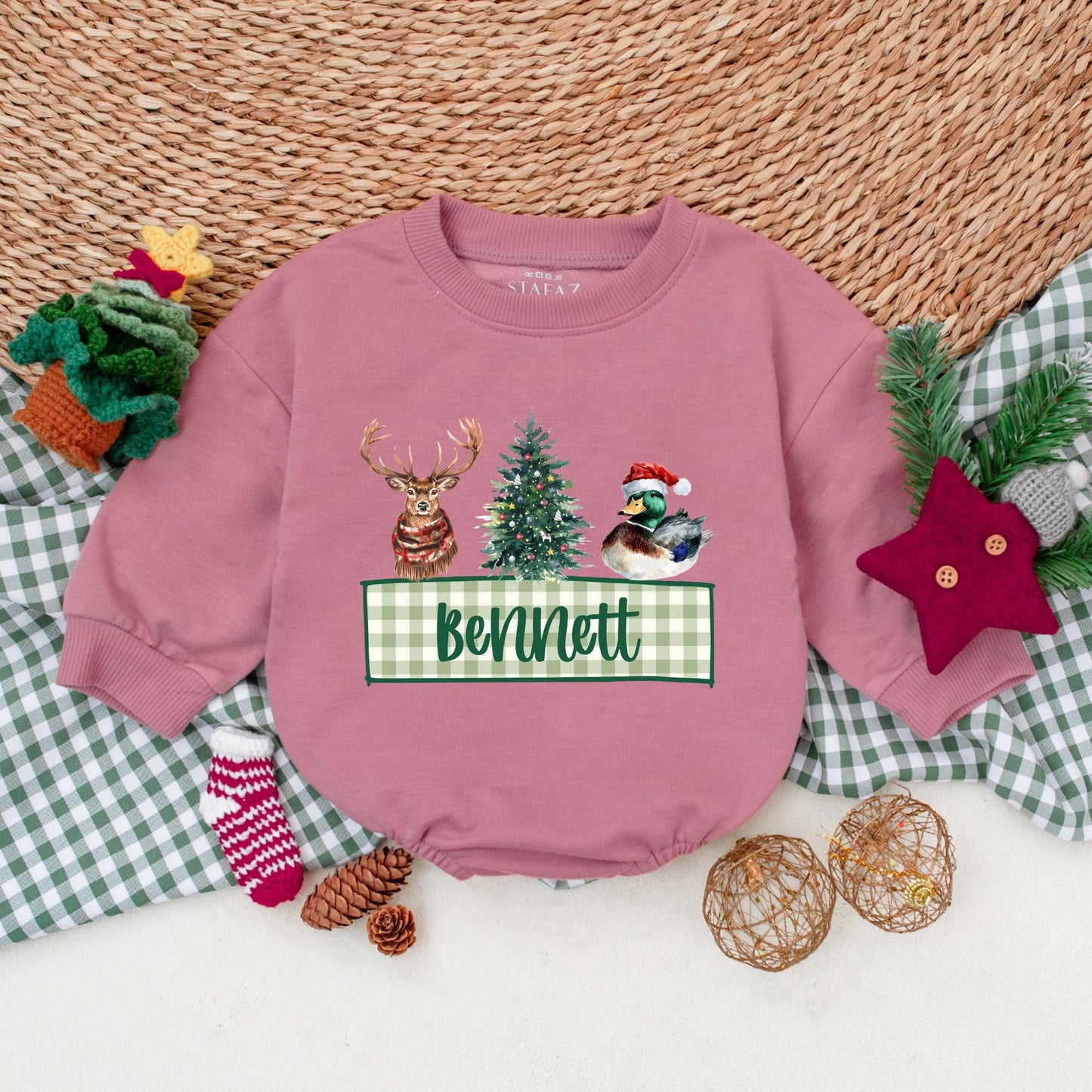 Personalized Christmas Mallard Duck Baby Boy Romper Rustic Winter Outfit with Deer Christmas Tree Festive Holiday Bodysuit Green Gingham