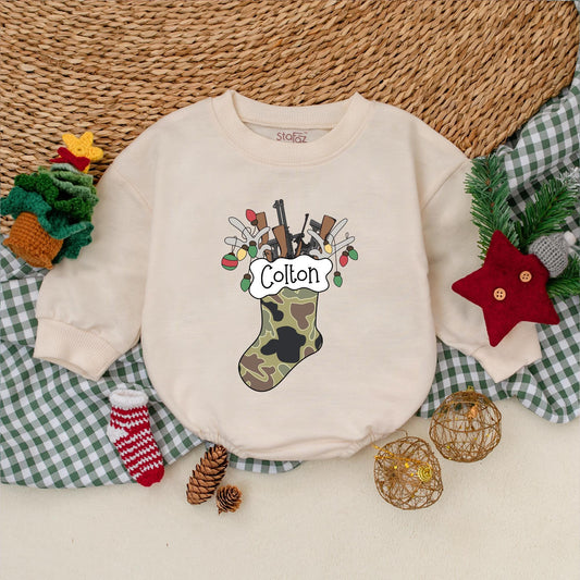 Personalized Camo Christmas Stocking Baby Boy Romper Hunting Rifles Bodysuit Winter Holiday Outfit First Christmas Lights Gift