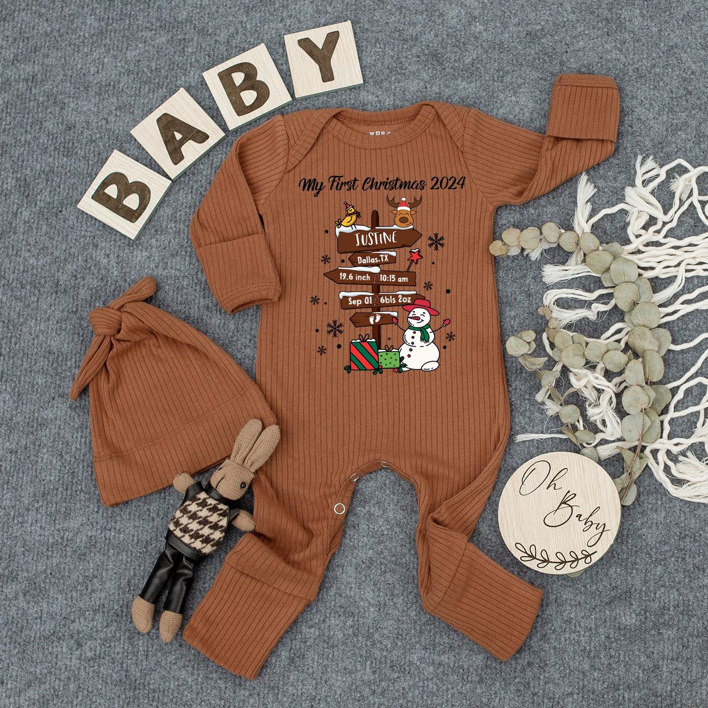 My First Christmas 2024 Bodysuit & Hat Set Personalized Newborn Outfit Custom Baby Girl Coming Home Outfit Holiday Jumpsuit Baby Shower Gift Set 19.6 inch