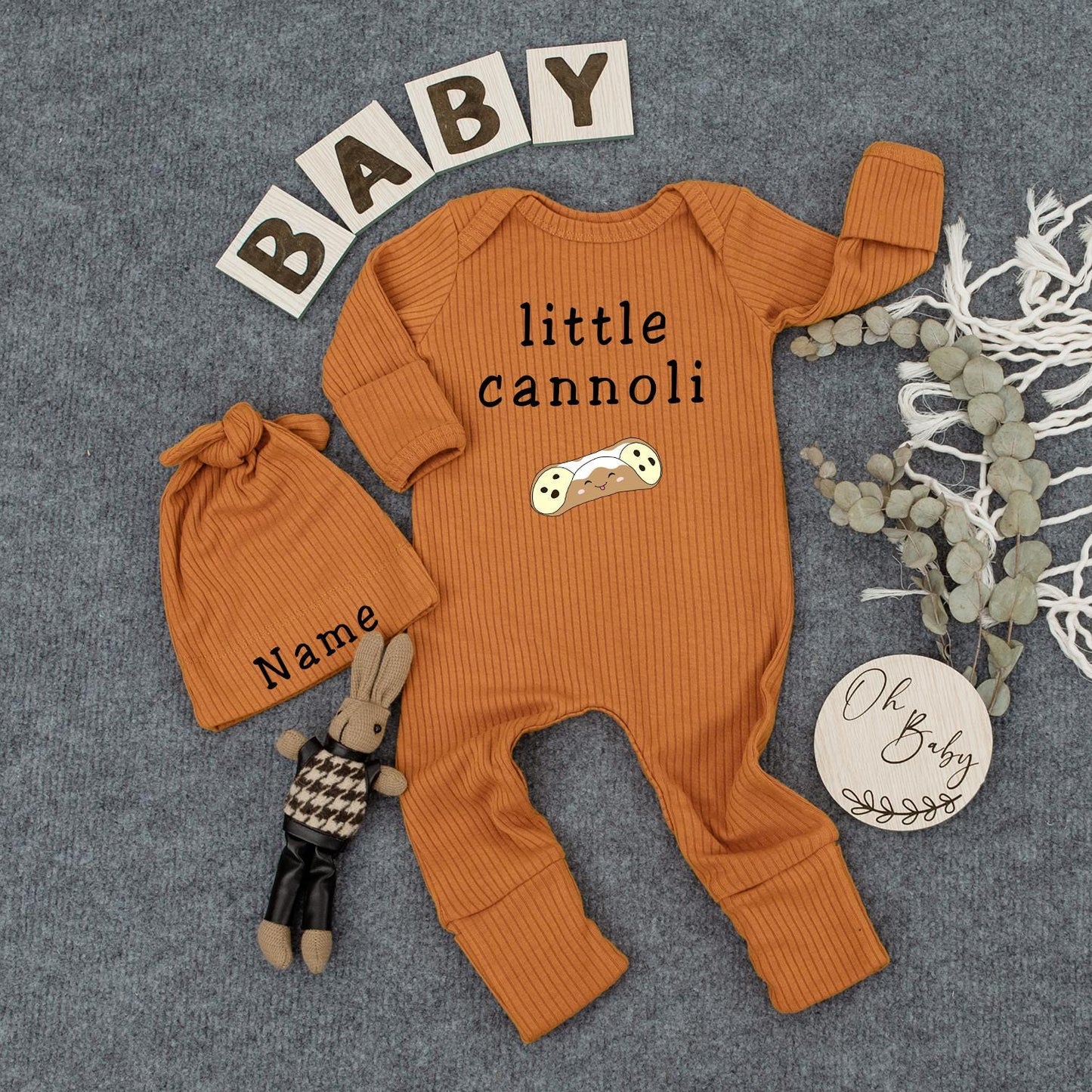 Little Cannoli Baby Bodysuit and Hat Set Cute Pastry Cartoon Outfit Unisex Newborn Gift Going Home Outfit Baby Keepsake