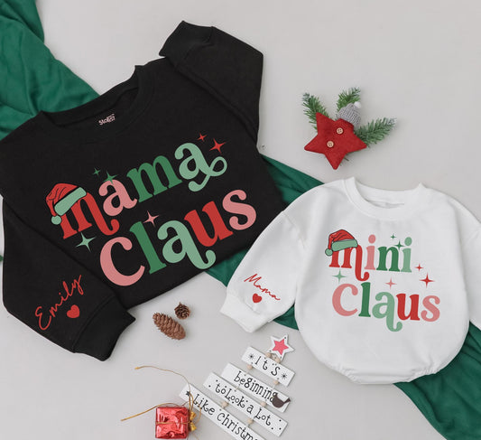 Personalized Mom Baby Matching Mama Mini Claus Christmas Sweatshirts Retro Red Green Star Holiday Apparel with Custom Sleeve Names
