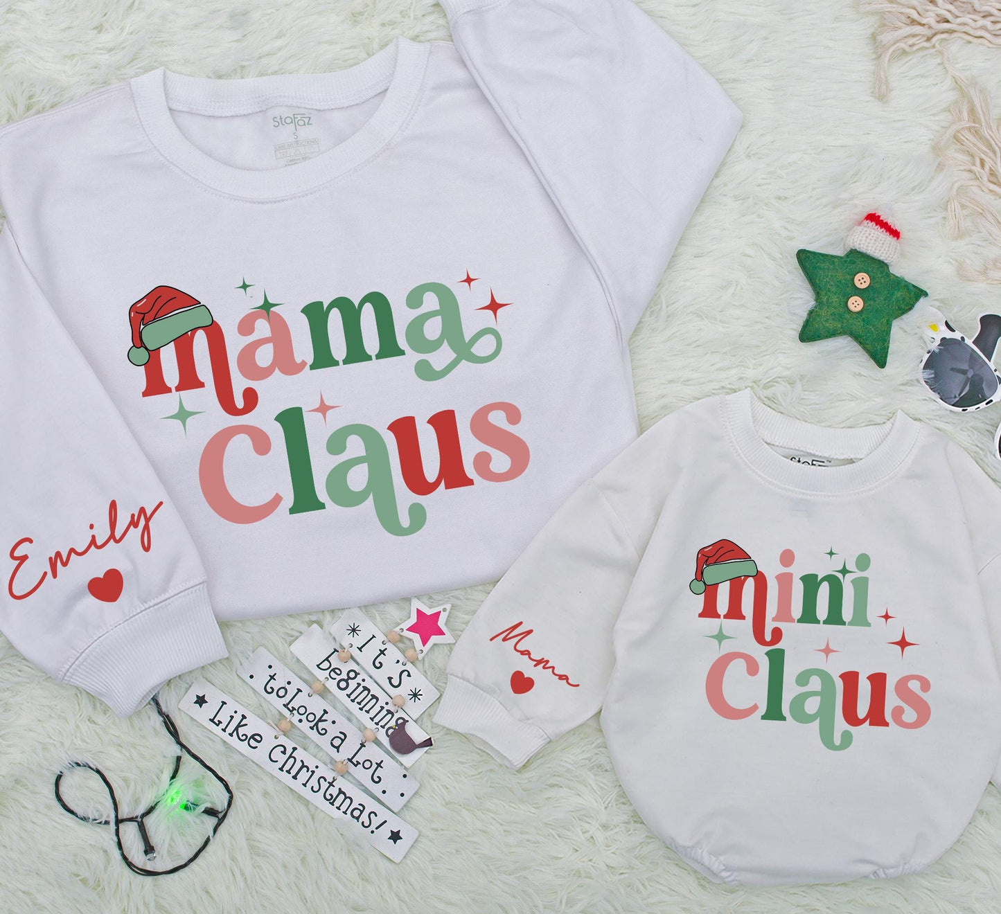 Personalized Mom Baby Matching Mama Mini Claus Christmas Sweatshirts Retro Red Green Star Holiday Apparel with Custom Sleeve Names