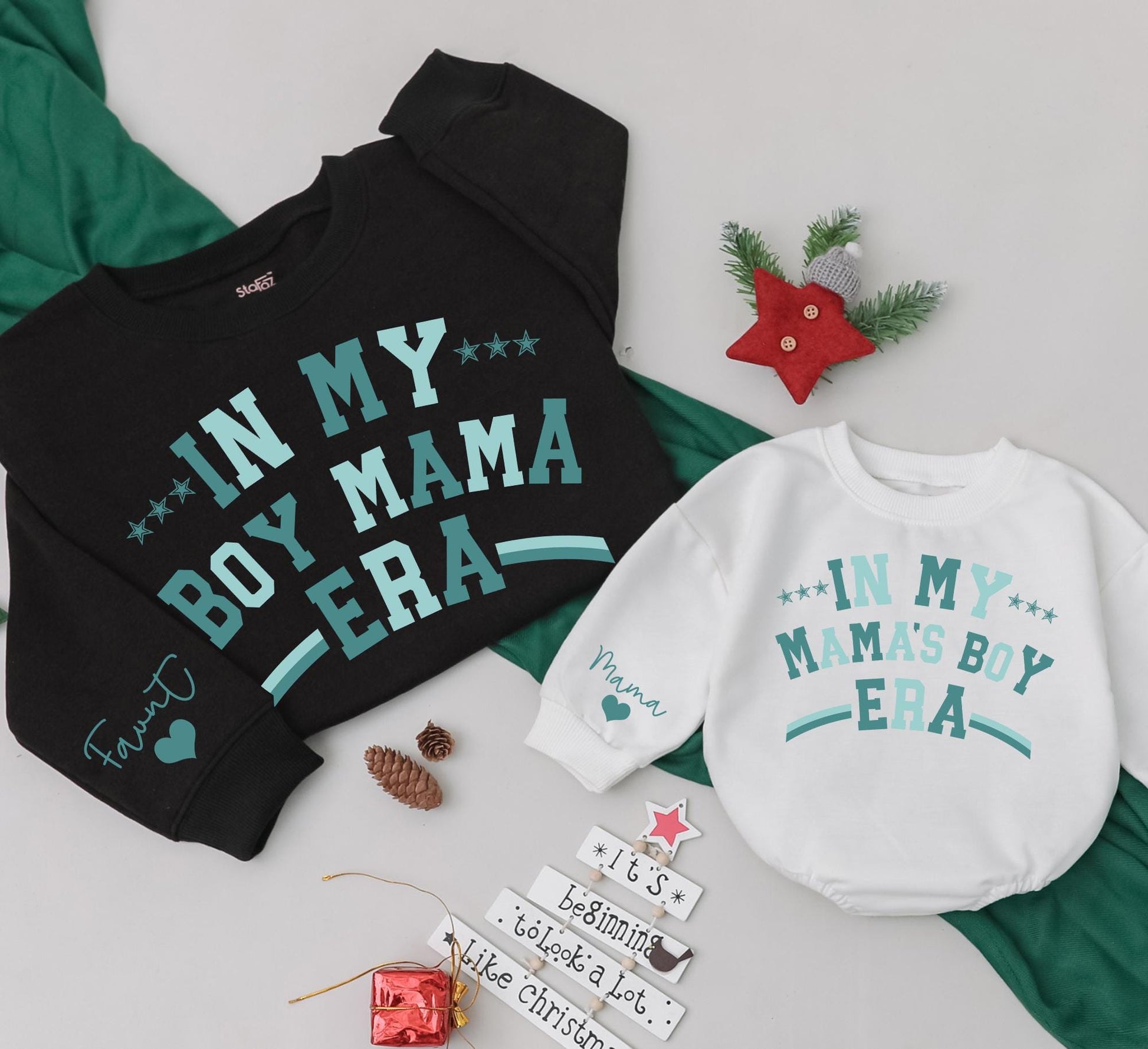Matching Boy Mama Era Sweatshirts for Mom & Baby Girl, Teal Print Christmas Outfit, Custom Romper Gift