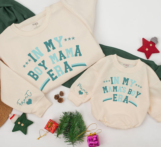 Matching Boy Mama Era Sweatshirts for Mom & Baby Girl, Teal Print Christmas Outfit, Custom Romper Gift