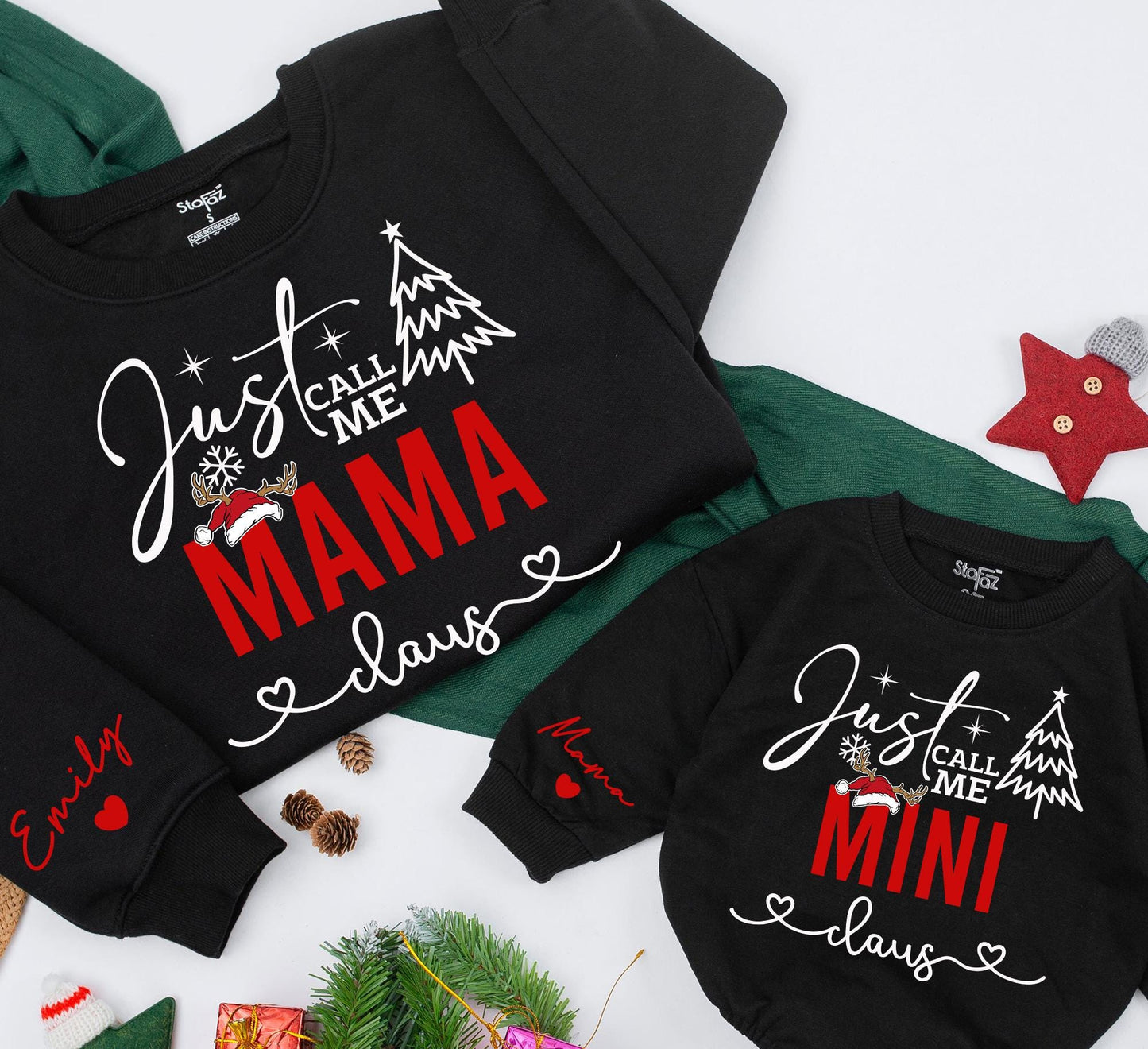Just Call Me Mama Claus Matching Set: Mom & Baby Christmas Sweatshirt & Romper, Festive Holiday Outfit, Red & Black Design, Playful Reindeer & Snowflakes(139)