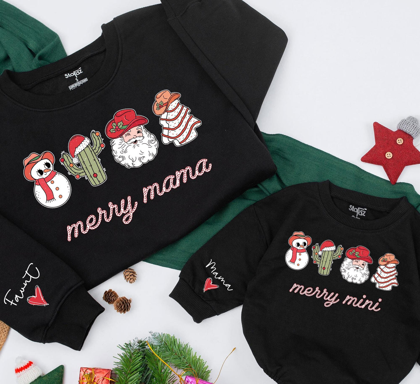 Merry Mama and Mini Western Christmas Sweatshirt Matching Family Outfits Custom Holiday Clothing Baby Girl Romper Gift