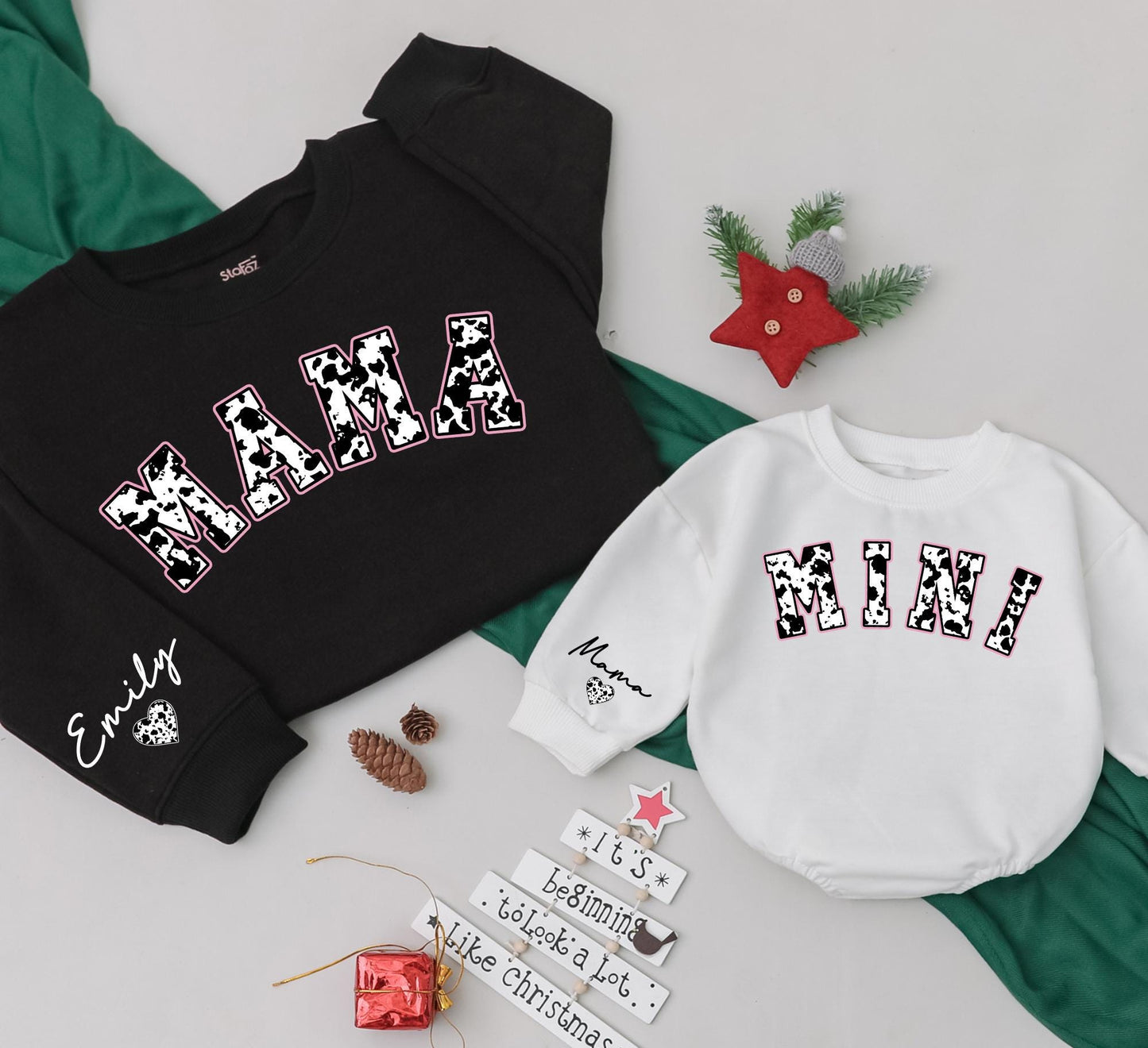 Personalized Mama Mini Cowhide Matching Sweatshirts for Mom & Baby Country Western Holiday Outfits Custom Name Gift