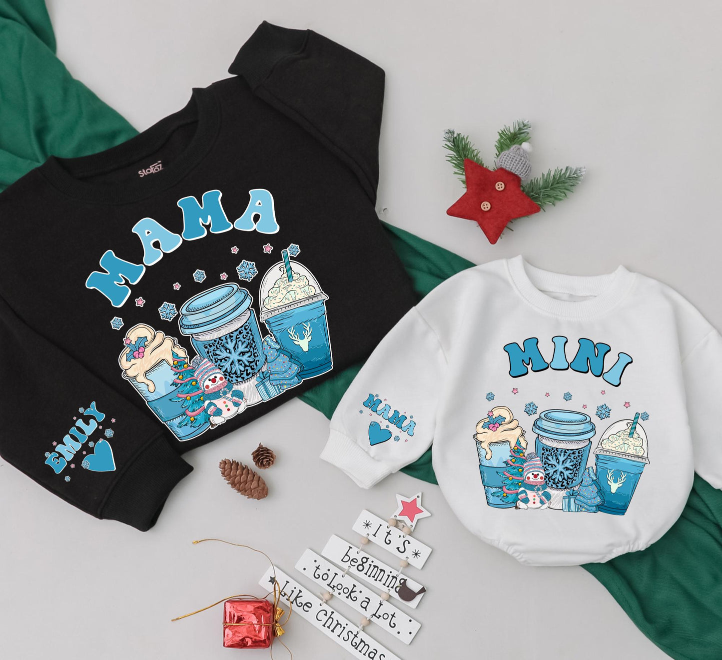 Matching Mama Mini Christmas Sweatshirts, Blue Snowflake & Coffee Cup Design Family Outfits, Baby Shower Gift, Cozy Winter Mom & Me