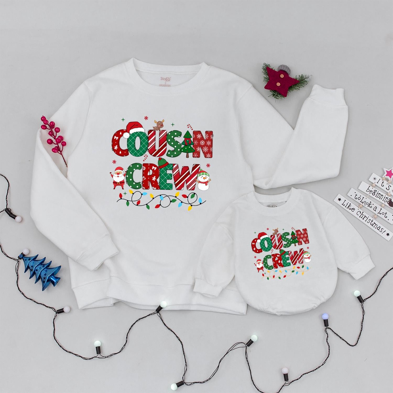 Cousin Crew Christmas Sweatshirt Festive Reindeer Snowflake Lights Matching Family Xmas Trendy Baby Toddler Holiday Gift
