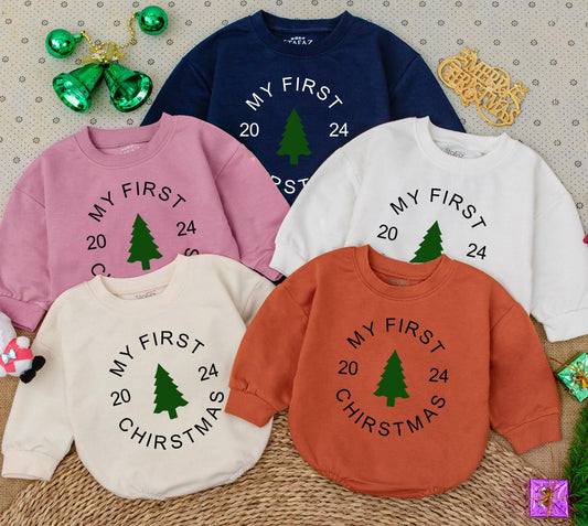 My First Christmas 2024 Baby Romper Sweatshirt Newborn Winter Holiday Outfit Green Tree Design Infant Bodysuit Simple Modern Gift