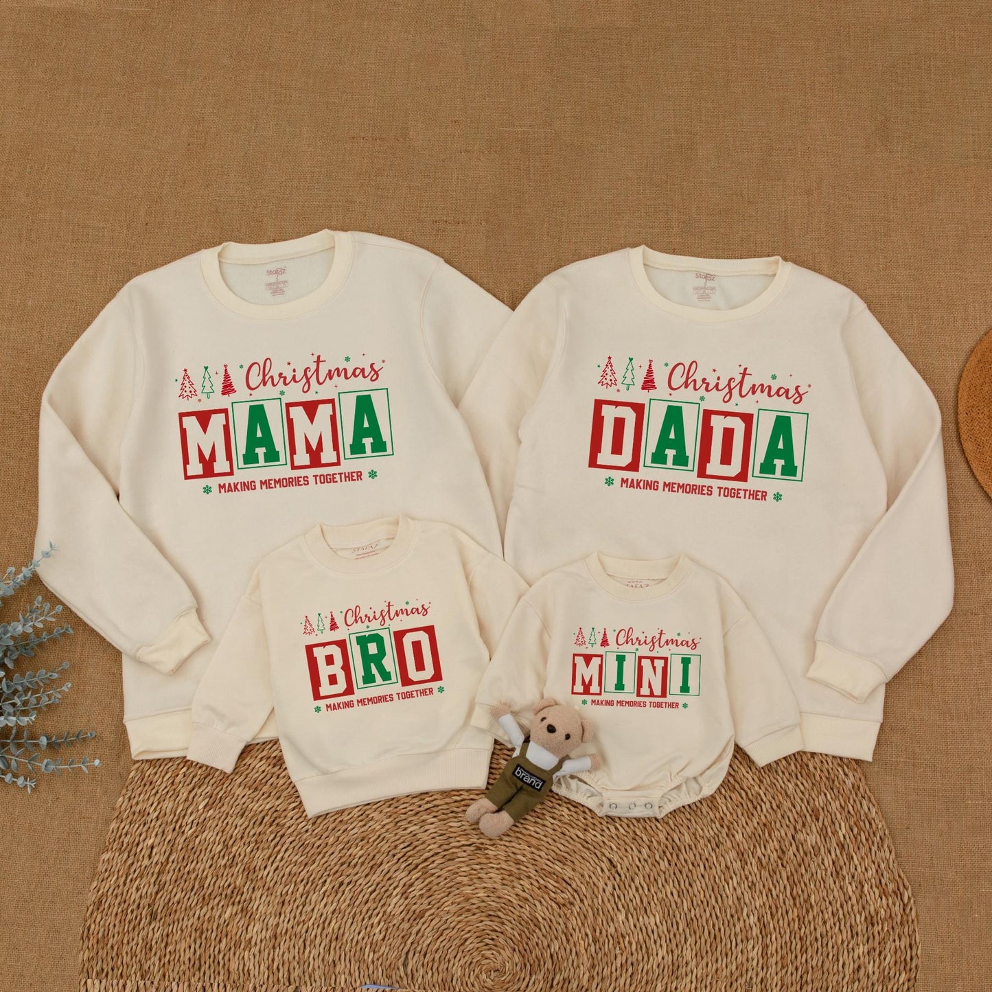 Personalized Family Matching Christmas Sweatshirts with Festive Trees, Stars, Red Green Boxed Names Making Memories Together and First Christmas Romper