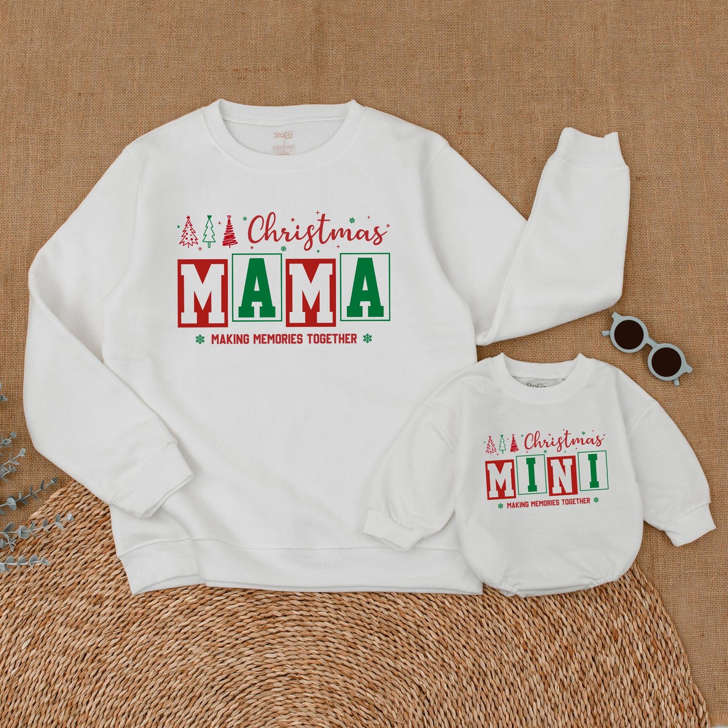 Personalized Family Matching Christmas Sweatshirts with Festive Trees, Stars, Red Green Boxed Names Making Memories Together and First Christmas Romper
