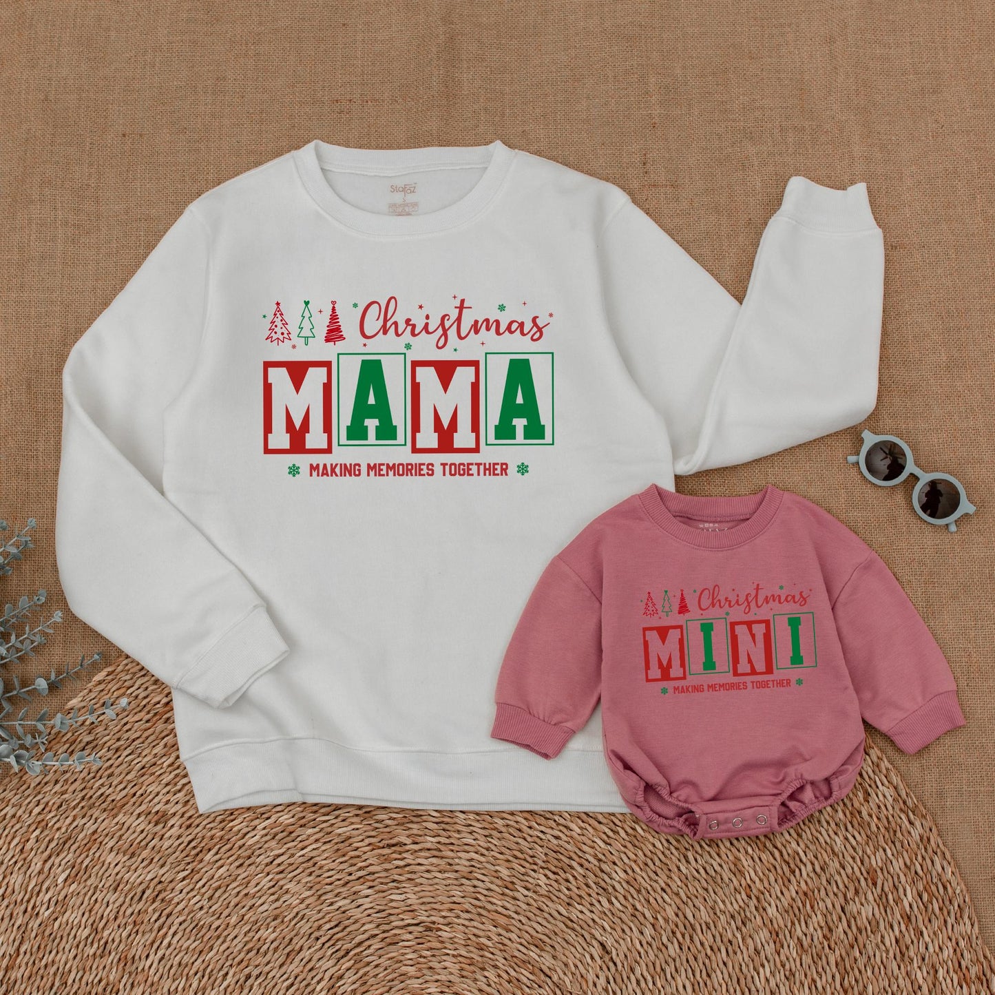 Personalized Family Matching Christmas Sweatshirts with Festive Trees, Stars, Red Green Boxed Names Making Memories Together and First Christmas Romper