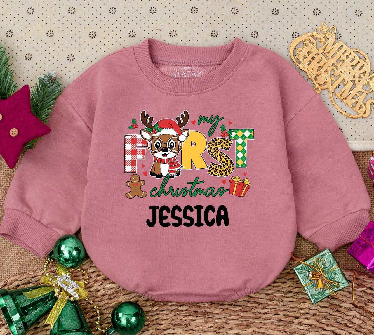 Personalized My First Christmas Baby Girl Romper Sweatshirt featuring Reindeer Gingerbread Man Festive Plaid Leopard Argyle Print Holiday Outfit
