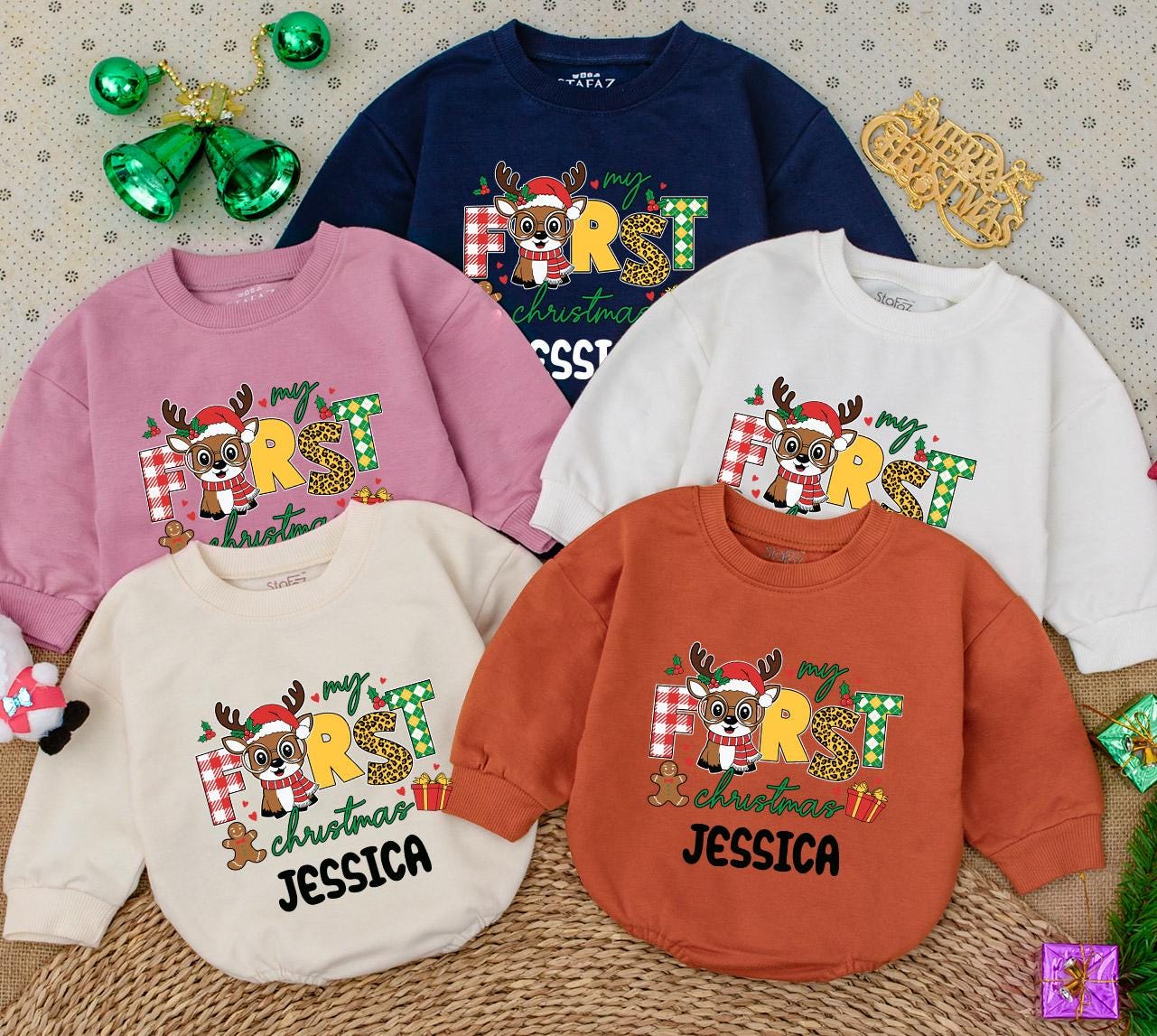 Personalized My First Christmas Baby Girl Romper Sweatshirt featuring Reindeer Gingerbread Man Festive Plaid Leopard Argyle Print Holiday Outfit
