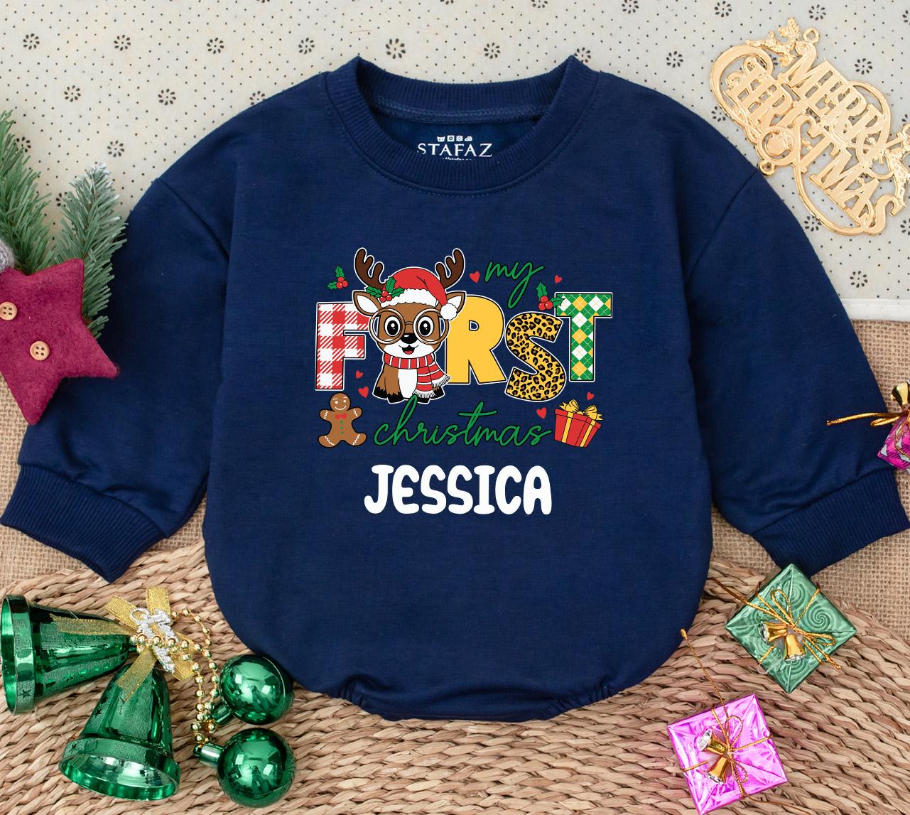 Personalized My First Christmas Baby Girl Romper Sweatshirt featuring Reindeer Gingerbread Man Festive Plaid Leopard Argyle Print Holiday Outfit