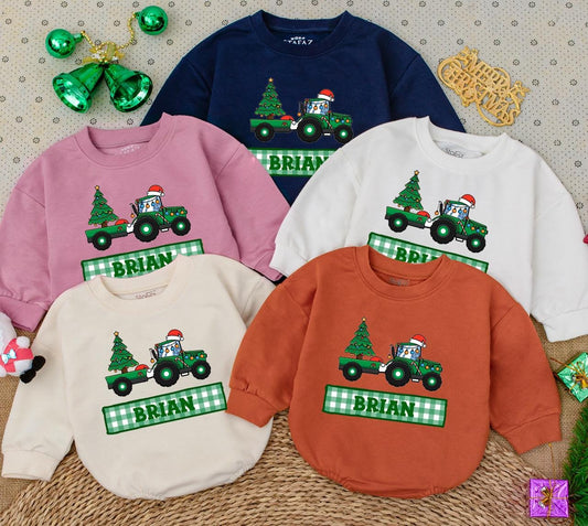Personalized Green Tractor Christmas Romper Boys First Christmas Bodysuit Festive Cartoon Farm Vehicle Santa Hat Driver Custom Name Baby Winter Holiday Clothes Gift