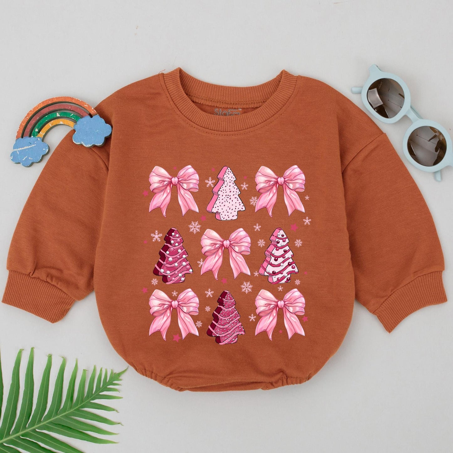 Retro Pink Christmas Tree Baby Girl Romper with Cookie Style Trees Iridescent Bows First Christmas Holiday Outfit Newborn Baby Shower Gift