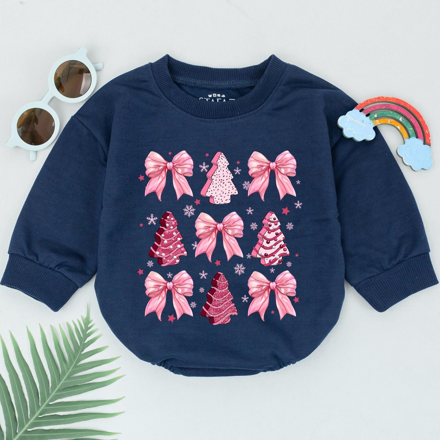 Retro Pink Christmas Tree Baby Girl Romper with Cookie Style Trees Iridescent Bows First Christmas Holiday Outfit Newborn Baby Shower Gift