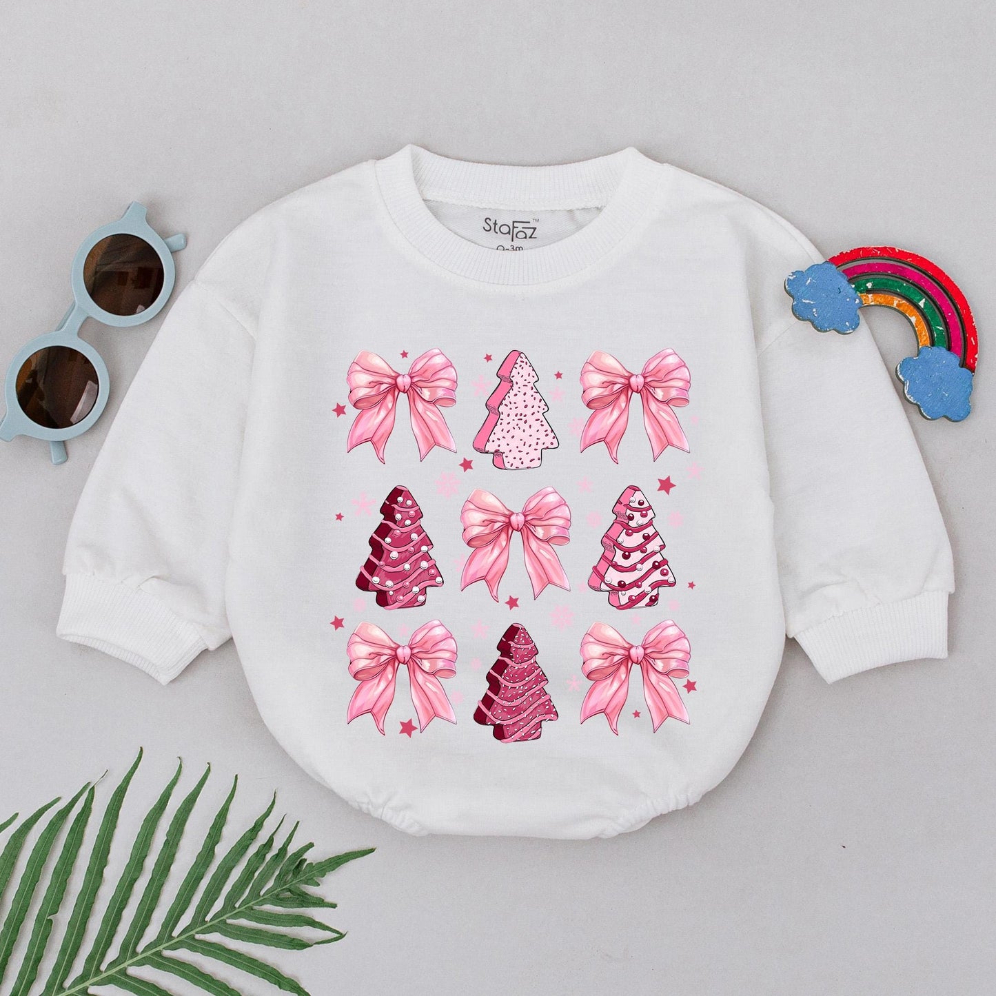 Retro Pink Christmas Tree Baby Girl Romper with Cookie Style Trees Iridescent Bows First Christmas Holiday Outfit Newborn Baby Shower Gift