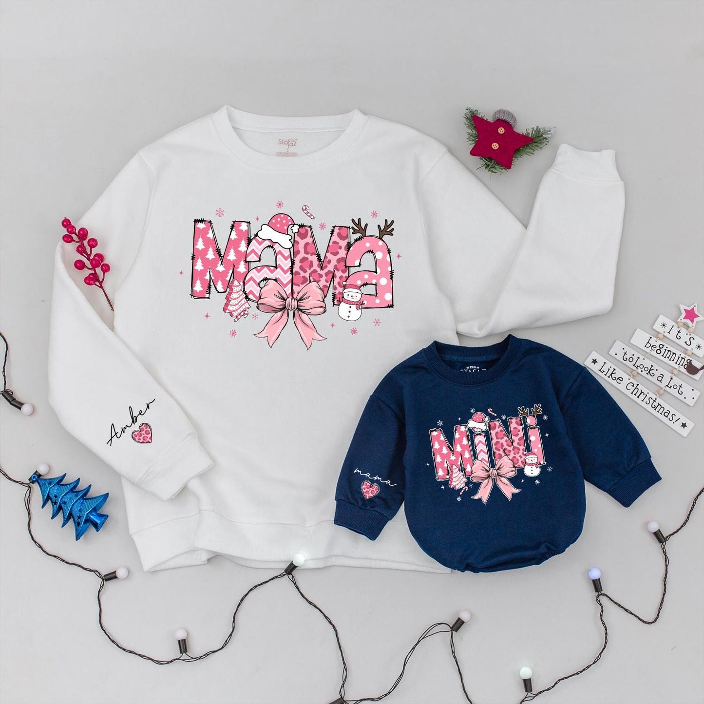 Pink Coquette Christmas Mama & Mini Sweatshirt Set, Checkered Xmas Bow, Trendy Family Holiday Outfits, Personalized 'Amber' Sleeve, Baby Romper