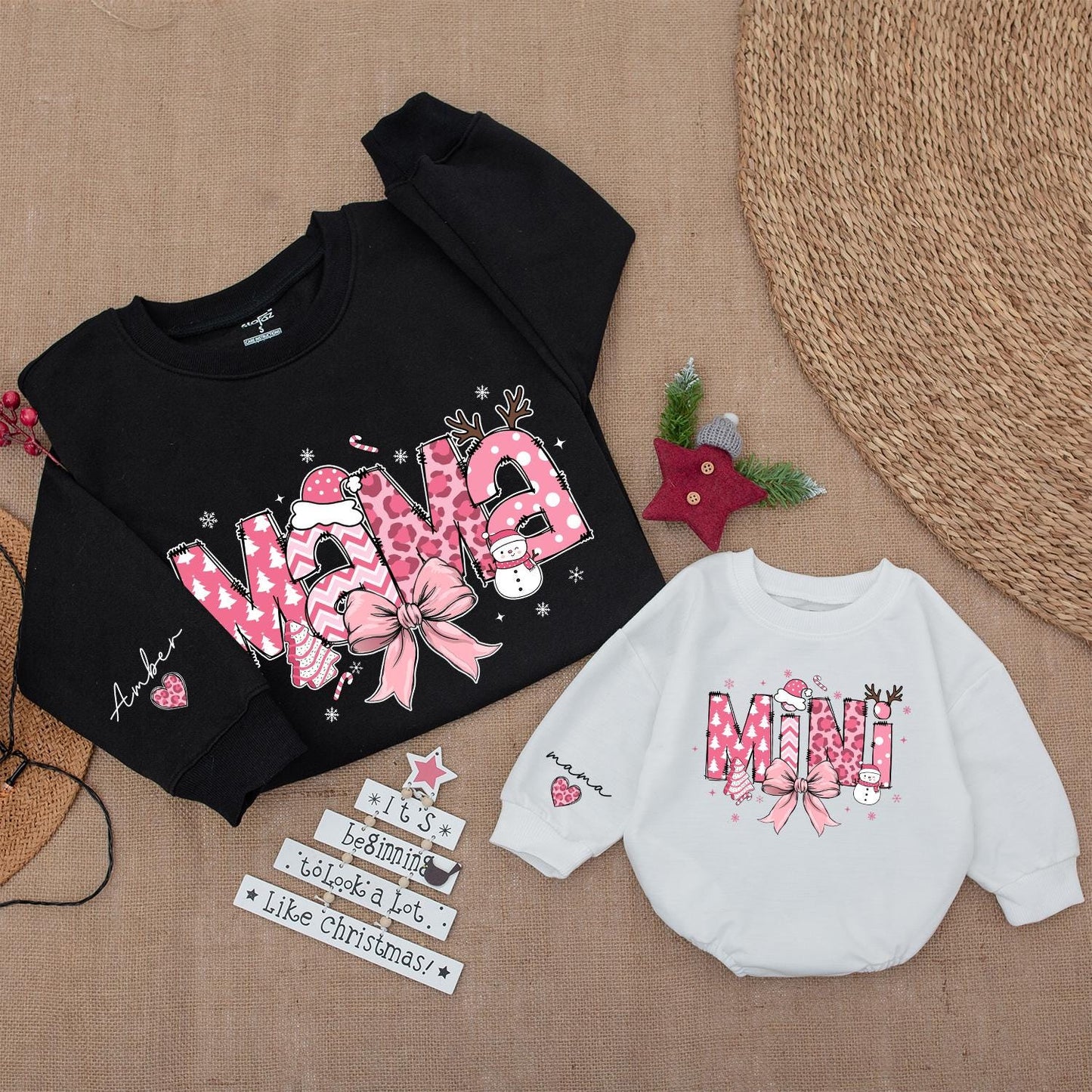 Pink Coquette Christmas Mama & Mini Sweatshirt Set, Checkered Xmas Bow, Trendy Family Holiday Outfits, Personalized 'Amber' Sleeve, Baby Romper