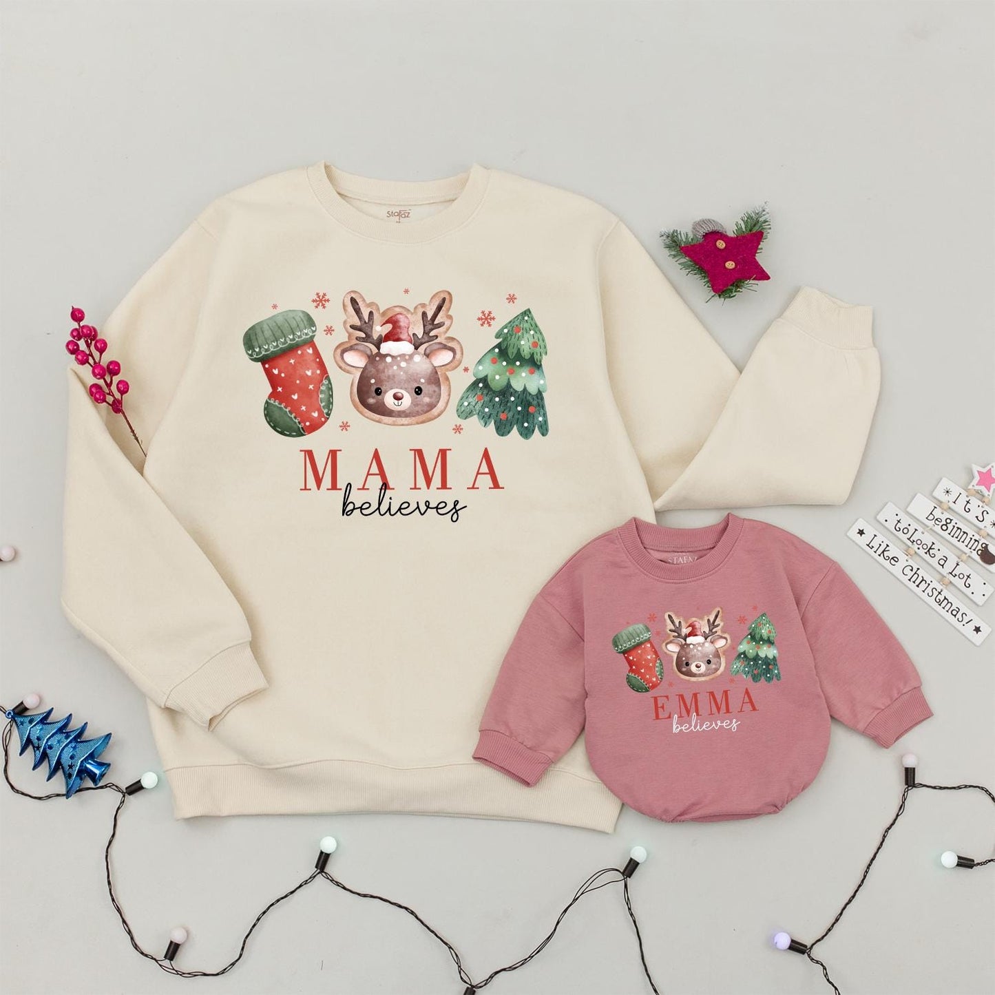 Personalized Family Christmas Believes Sweatshirts Rompers & Shirts with Cute Reindeer Tree Stocking Hand-Drawn Whimsical Design for Holiday Gatherings