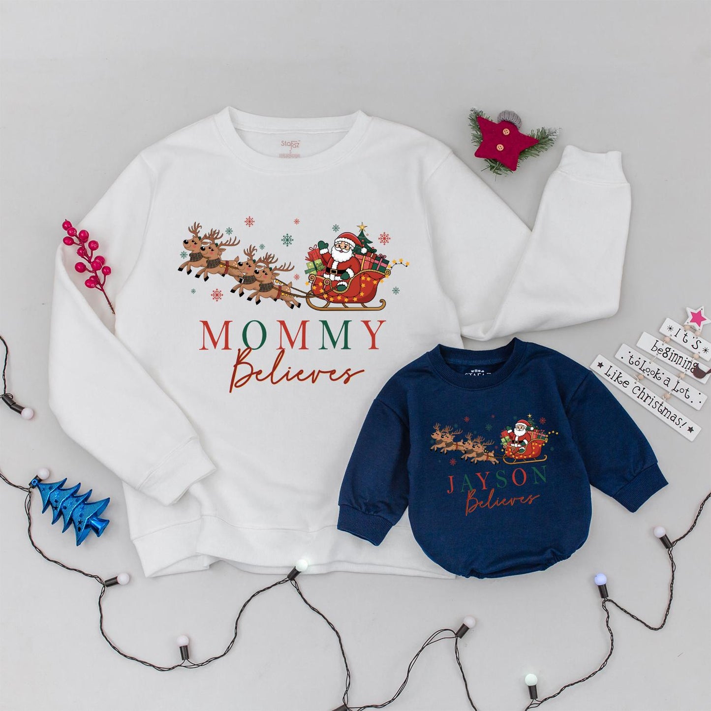 Personalized Matching Family Christmas Believes Sweatshirts Rompers Retro Santa Sleigh Design Hand-Drawn Red Green Snowflakes