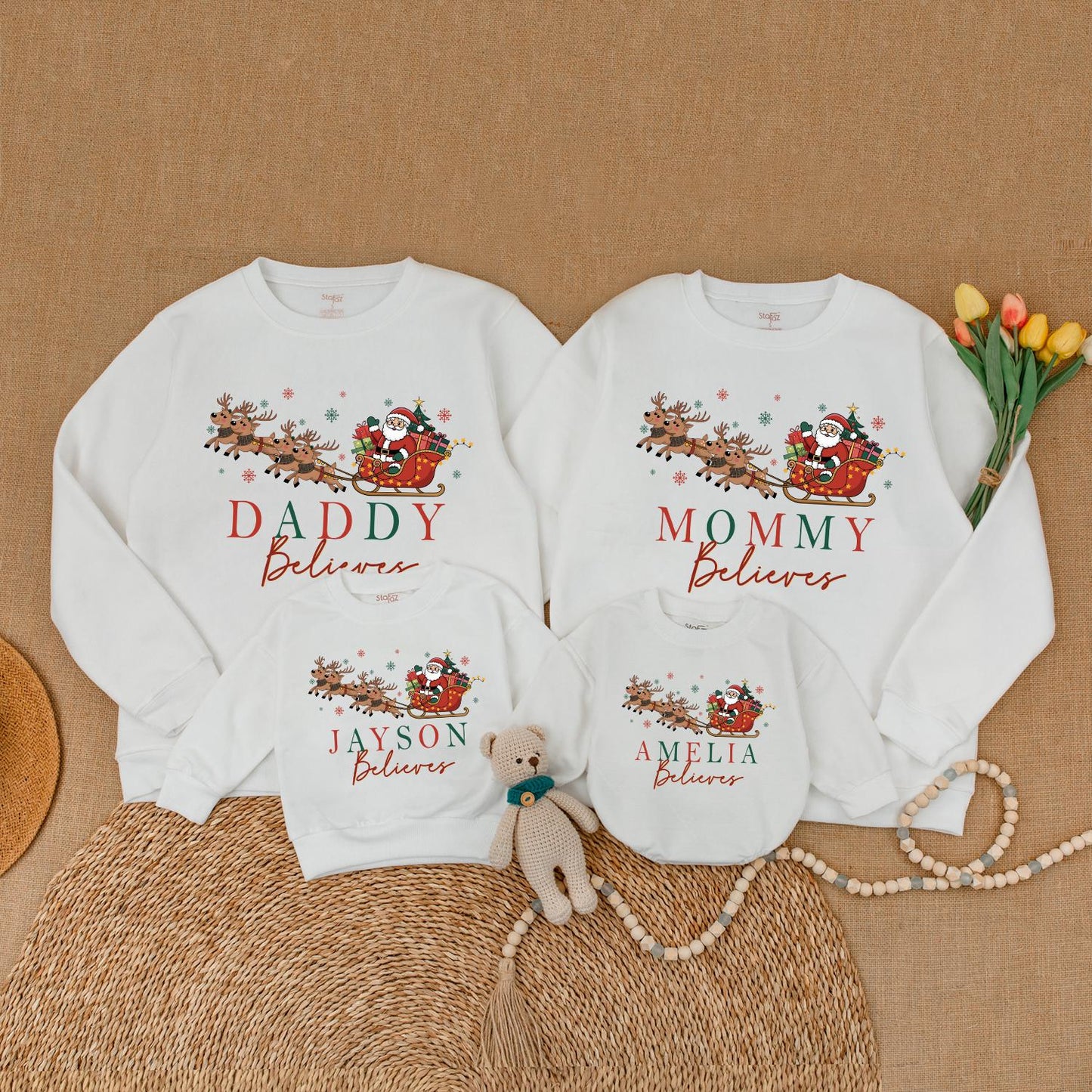 Personalized Matching Family Christmas Believes Sweatshirts Rompers Retro Santa Sleigh Design Hand-Drawn Red Green Snowflakes