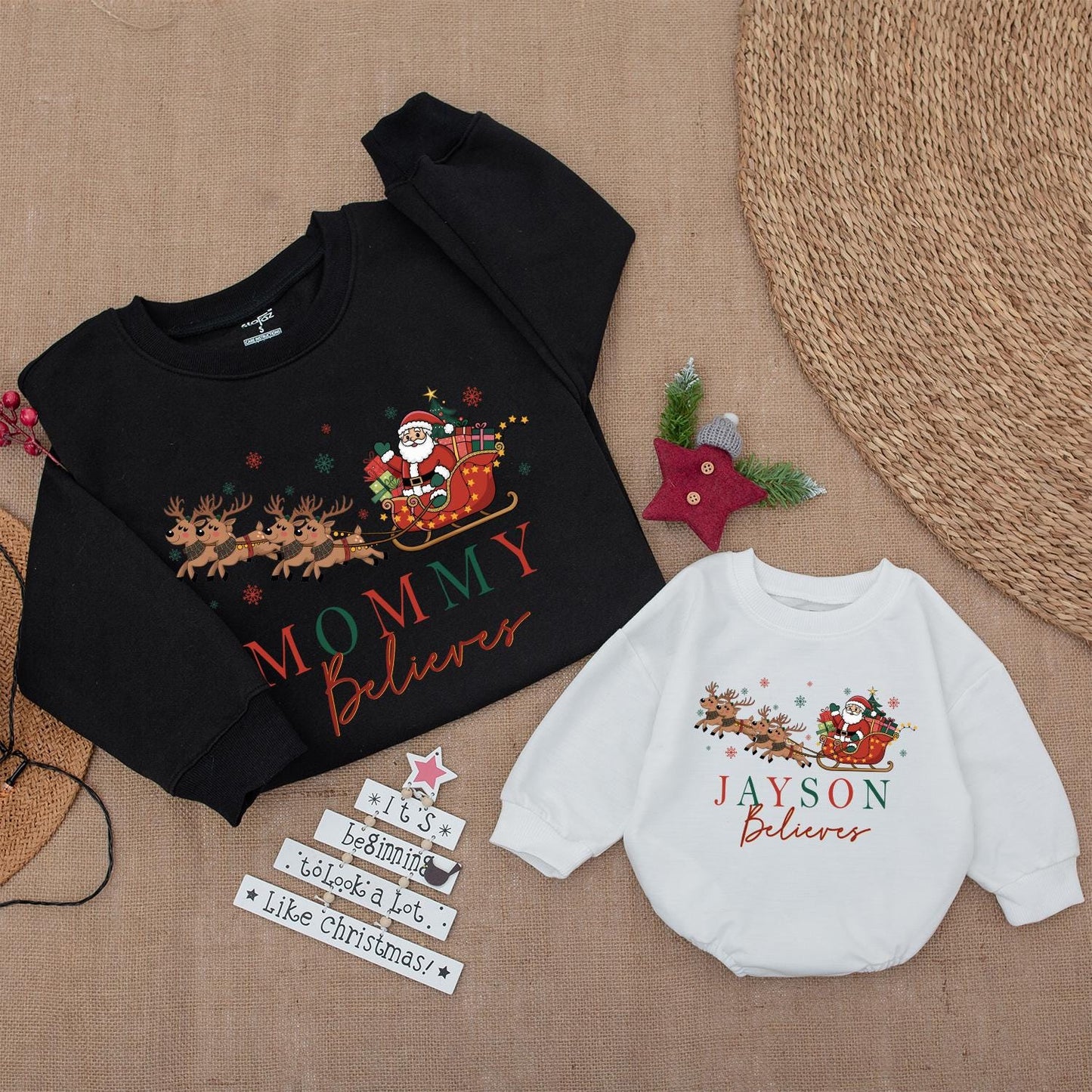 Personalized Matching Family Christmas Believes Sweatshirts Rompers Retro Santa Sleigh Design Hand-Drawn Red Green Snowflakes