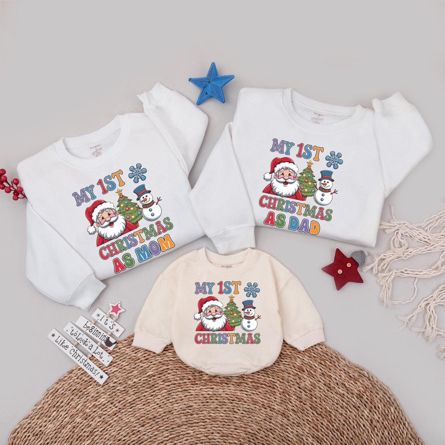 My 1st Christmas Family Sweatshirt Set, Santa, Tree & Snowman, Dad/Mom Matching Shirts, Festive Holiday Outfit, Playful Christmas Celebration!