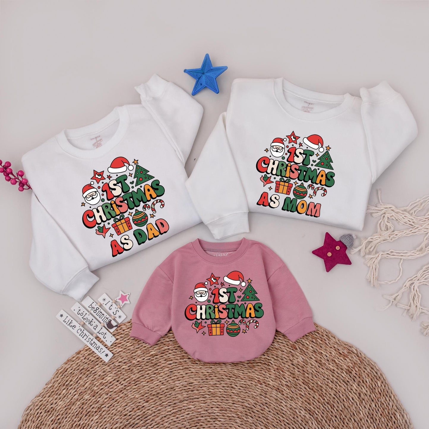 My 1st Christmas As Mom/Dad Sweatshirt, Matching Family Holiday Outfit, Santa Tree Gift Design, Bright Xmas Top, Cartoon First Christmas Shirt 2024