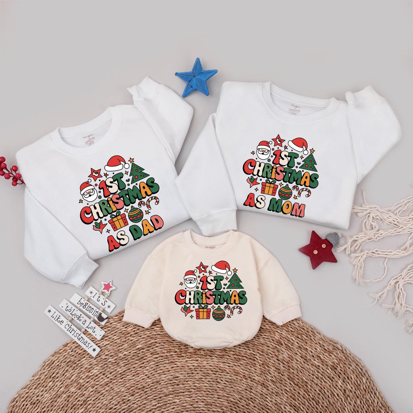 My 1st Christmas As Mom/Dad Sweatshirt, Matching Family Holiday Outfit, Santa Tree Gift Design, Bright Xmas Top, Cartoon First Christmas Shirt 2024