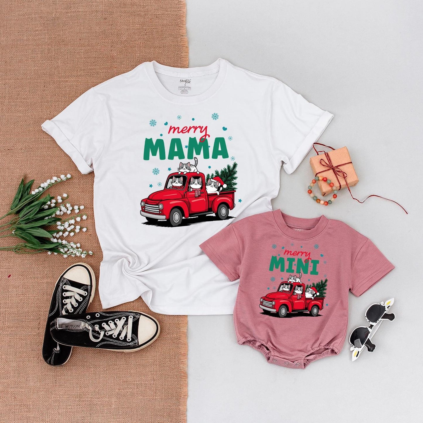 Merry Mama & Mini Christmas Truck Matching Shirts, Cute Cat Family Holiday Outfit, Baby's First Christmas Gift, Festive Mom and Son Tee, Soft Cotton 139