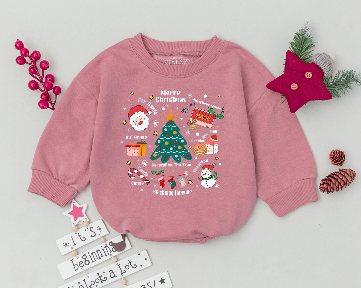 Cute Christmas Doodle Bubble Romper Festive Baby Outfit with Santa Snowman Tree Gifts & Cassette Whimsical Infant Bodysuit Holiday Gift