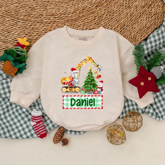 Personalized Boy's Christmas Excavator Romper, Custom Name Holiday Outfit, Watercolor Truck Baby Bodysuit, Winter Clothes, Christmas Baby Shower Gift 139