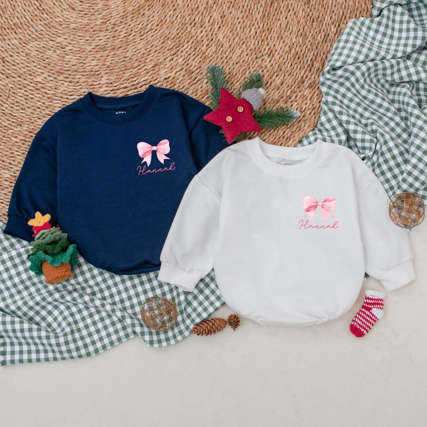Personalized Christmas Bow Romper, Watercolor Holiday Bodysuit with Name, Girly Pink Christmas Outfit, Winter Baby Clothes, First Christmas Gift 139