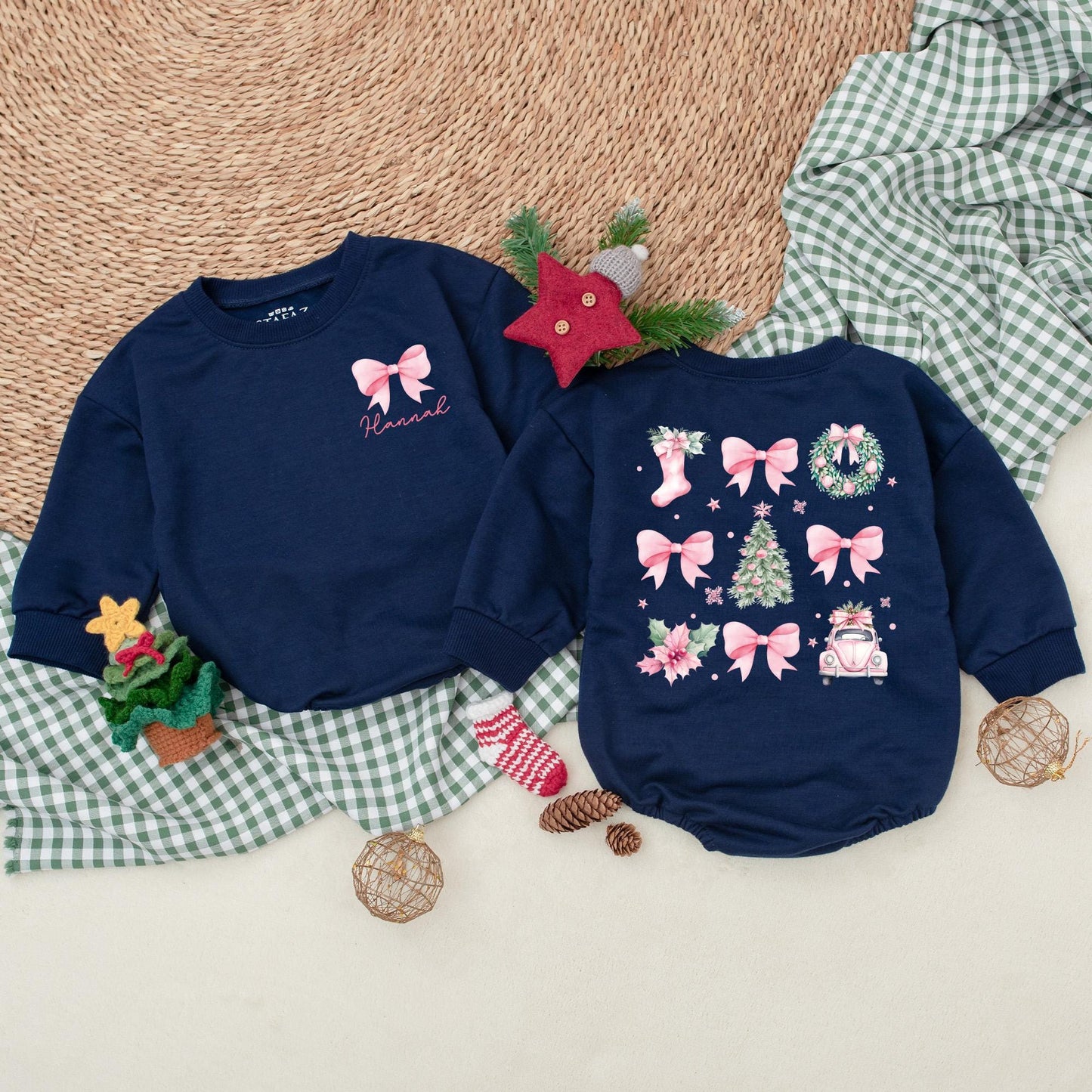 Personalized Christmas Bow Romper, Watercolor Holiday Bodysuit with Name, Girly Pink Christmas Outfit, Winter Baby Clothes, First Christmas Gift 139