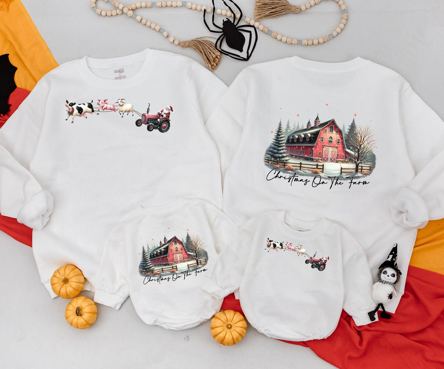 Christmas On The Farm Mommy and Me Matching Outfits: Santa Tractor Farmhouse Sweatshirt, Baby Romper & Vintage Holiday Tee