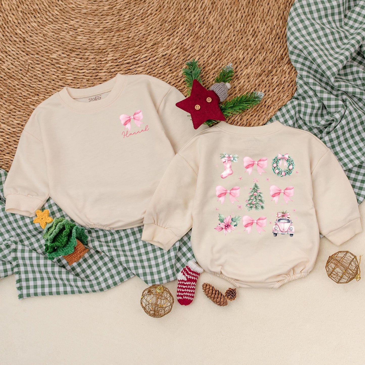 Personalized Christmas Bow Romper, Watercolor Holiday Bodysuit with Name, Girly Pink Christmas Outfit, Winter Baby Clothes, First Christmas Gift 139