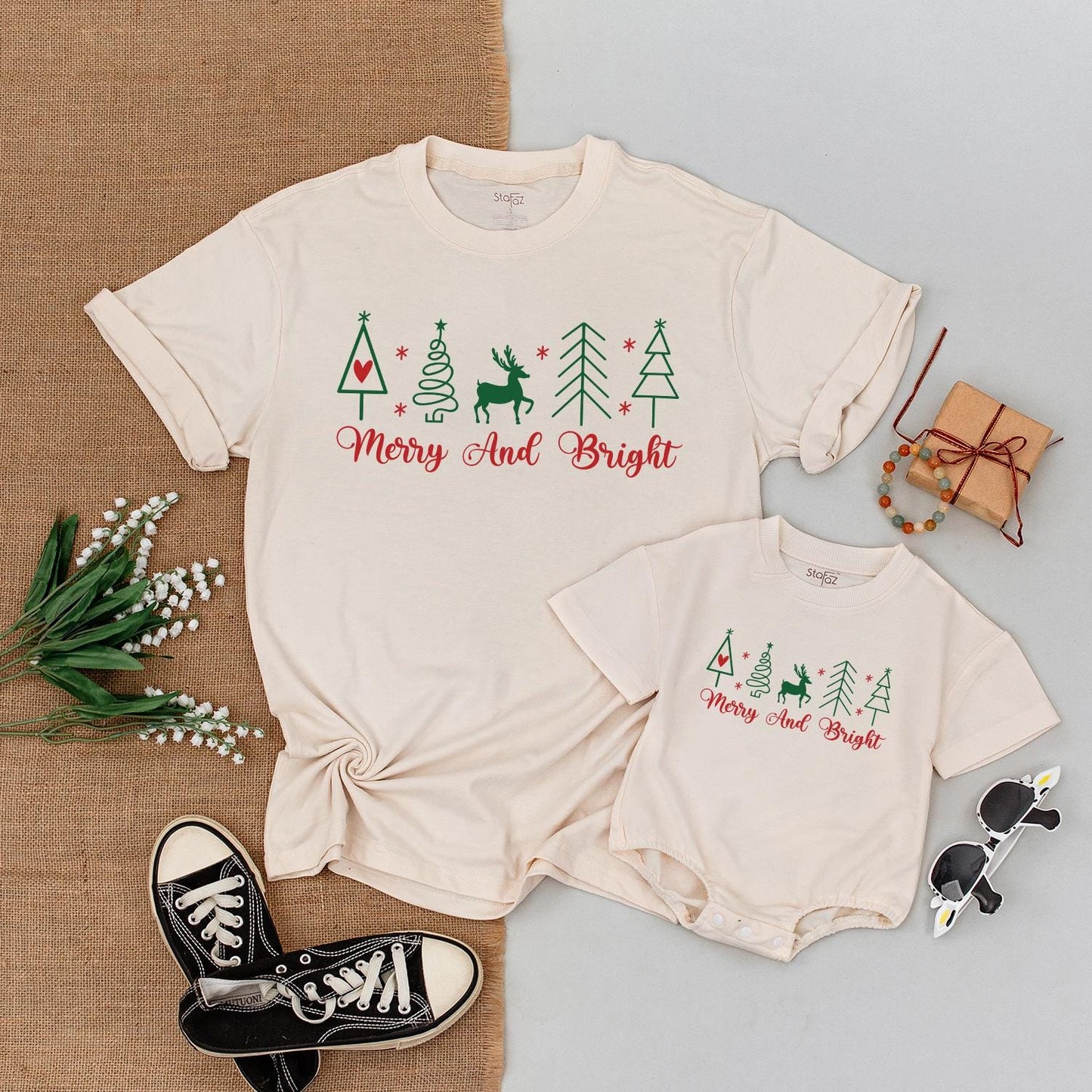 Merry & Bright Christmas Family Matching Shirts, Cute Xmas Trees & Reindeer, Holiday Outfit, Soft Cotton Gift for Her, Mom & Son Party Clothes (137 chars)