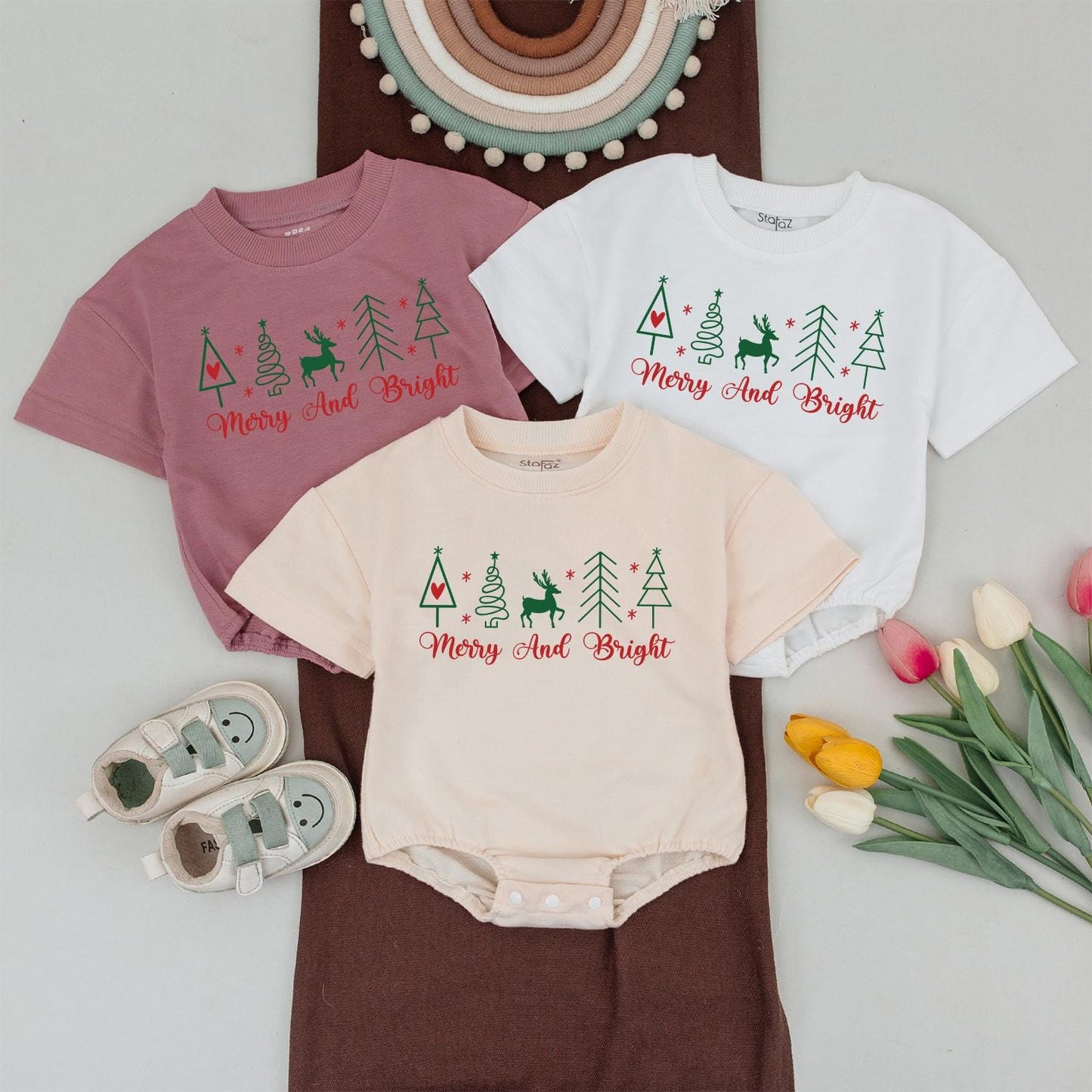 Merry & Bright Christmas Family Matching Shirts, Cute Xmas Trees & Reindeer, Holiday Outfit, Soft Cotton Gift for Her, Mom & Son Party Clothes (137 chars)