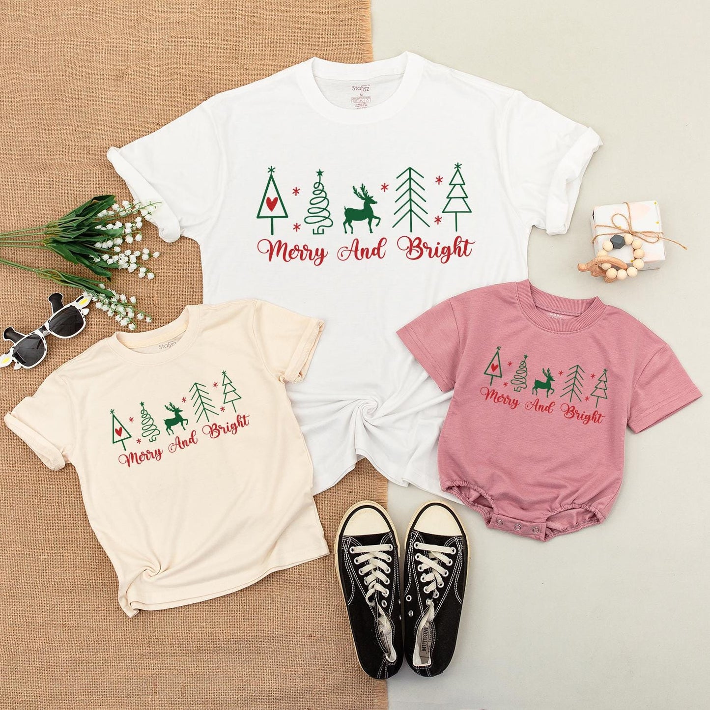 Merry & Bright Christmas Family Matching Shirts, Cute Xmas Trees & Reindeer, Holiday Outfit, Soft Cotton Gift for Her, Mom & Son Party Clothes (137 chars)